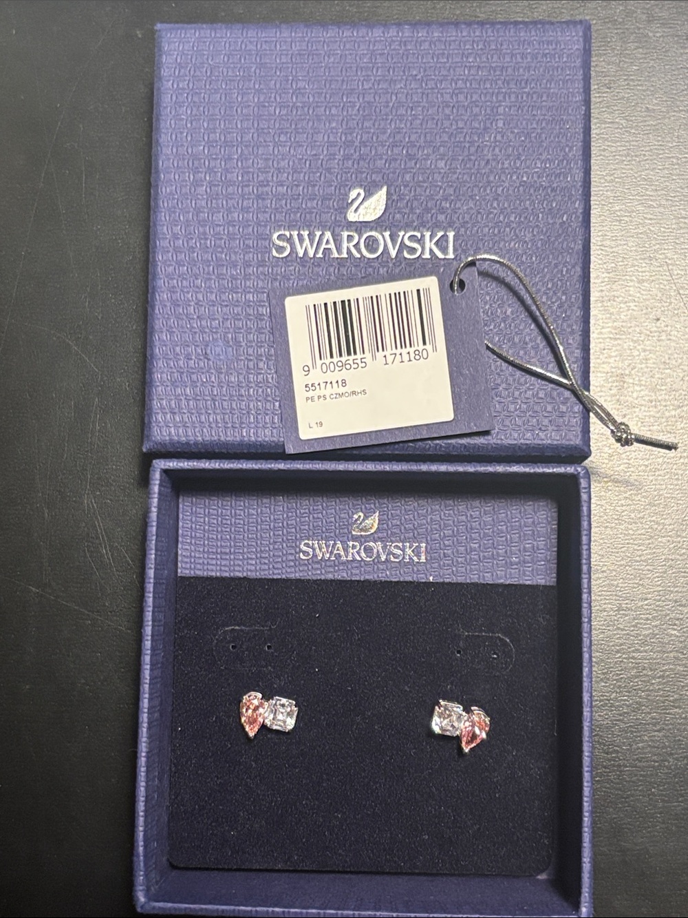 Swarovski Attract Soul Pierced Earrings, clear/white stone and pink/rose stone.